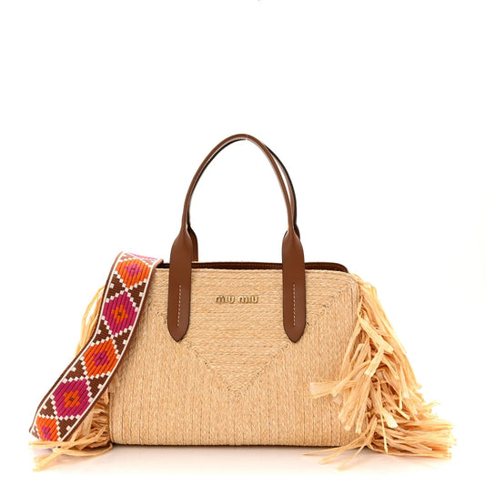 Raffia Fringe on the Coast Top Handle Tote Natural Cognac