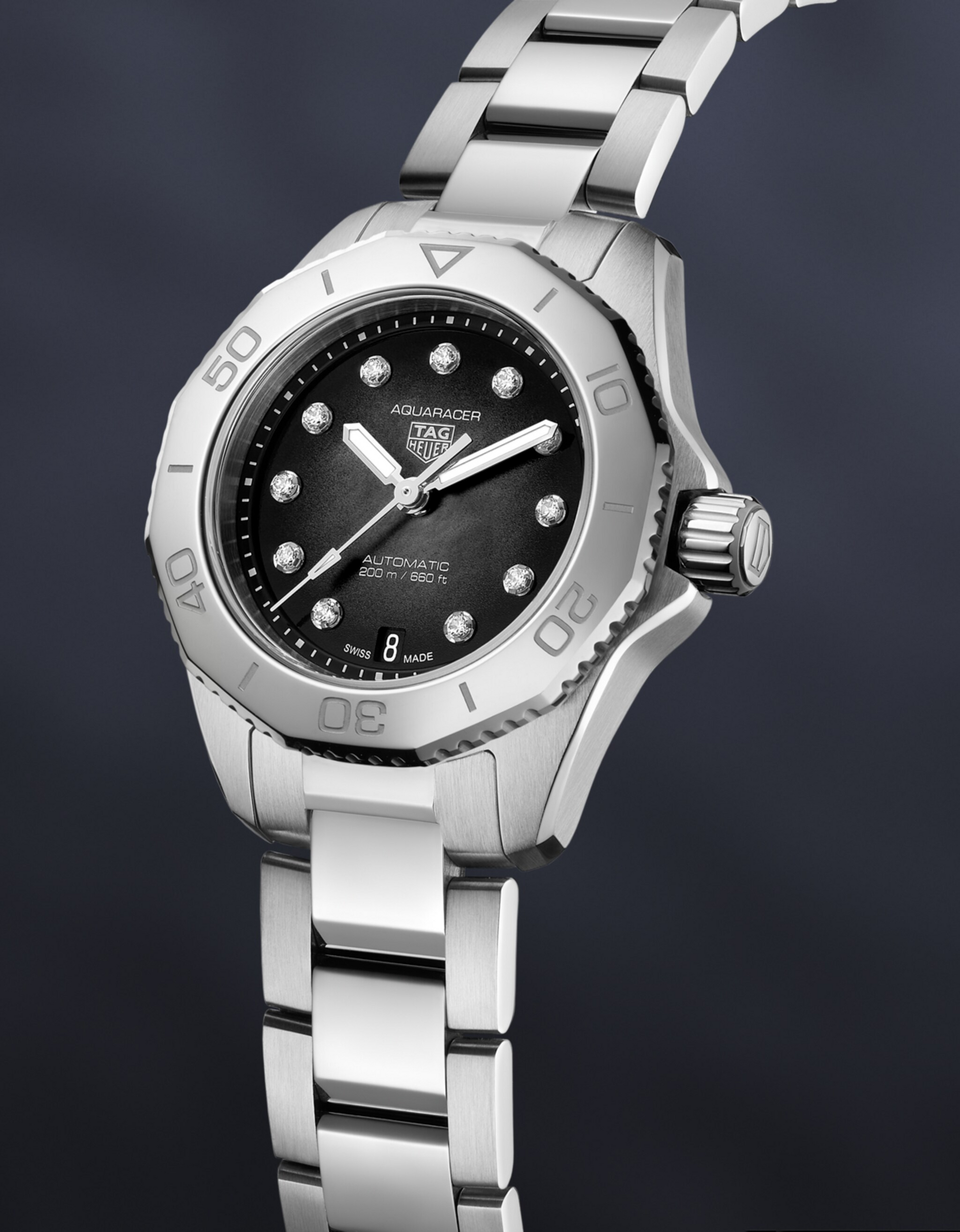 Unworn  Aquaracer Professional 200 Date, 30Mm, Stainless Steel and 11 Diamonds, Ref# WBP2410.BA0622, Box & Papers