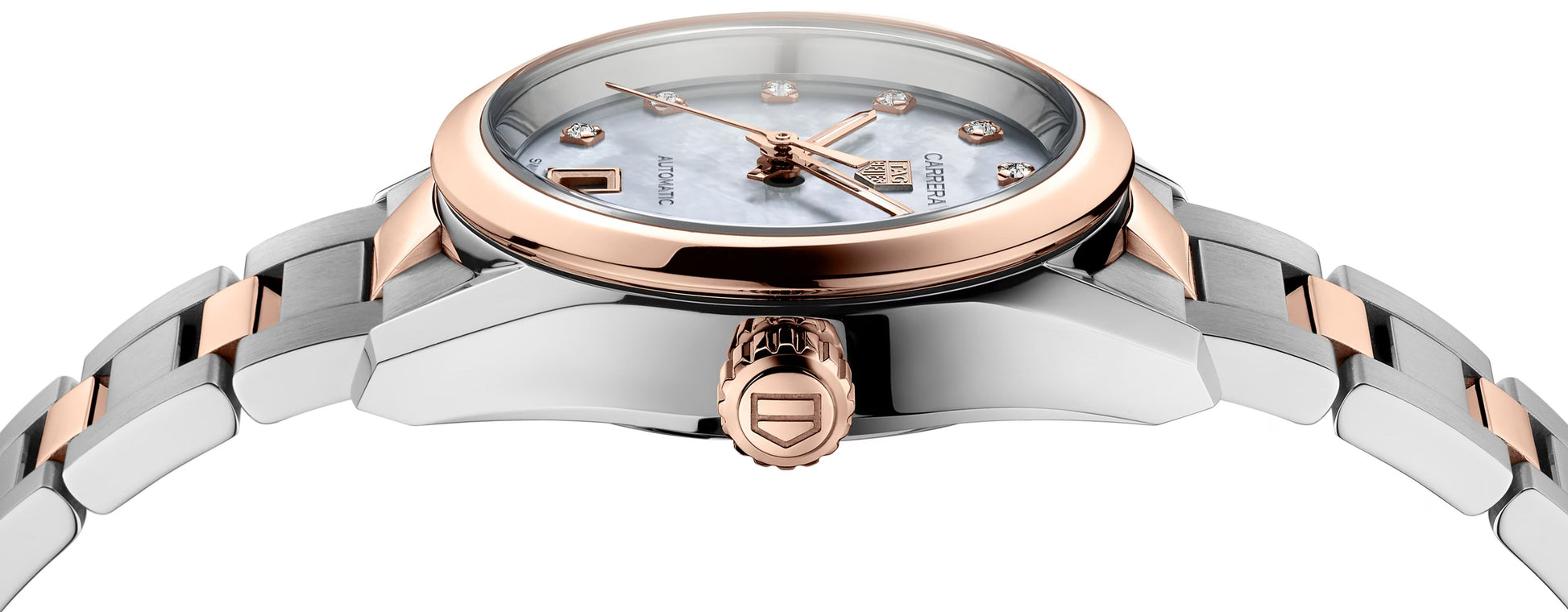 Unworn  Carrera Calibre 9 Date, Stainless Steel and 18K Rose Gold Set with Diamonds, 29Mm, Ref# WBN2450.BD0569, Box & Papers