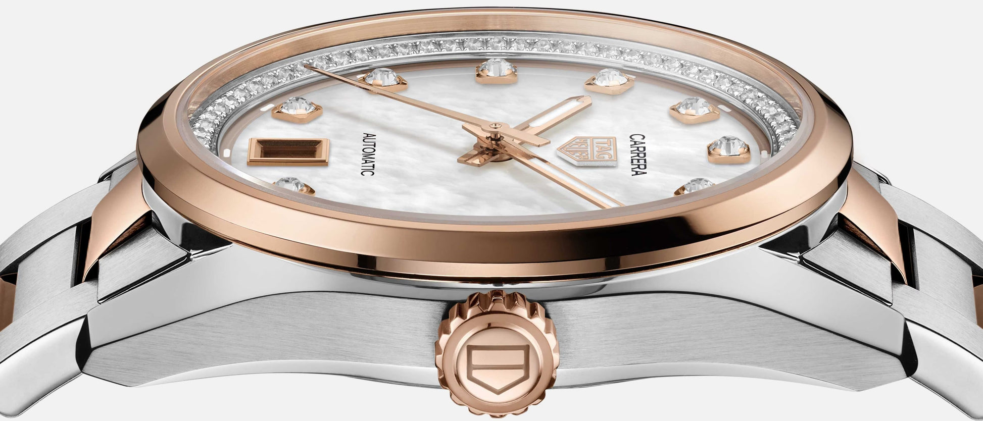 Unworn  Carrera Calibre 7 Date, Stainless Steel and 18K Rose Gold Set with Diamonds, 36Mm, Ref# WBN2351.BD0000, Box & Papers