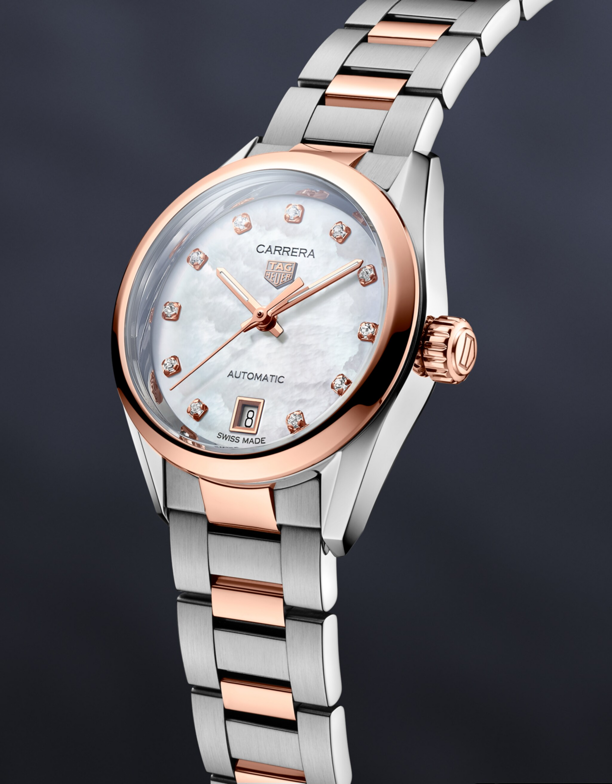 Unworn  Carrera Calibre 9 Date, Stainless Steel and 18K Rose Gold Set with Diamonds, 29Mm, Ref# WBN2450.BD0569, Box & Papers