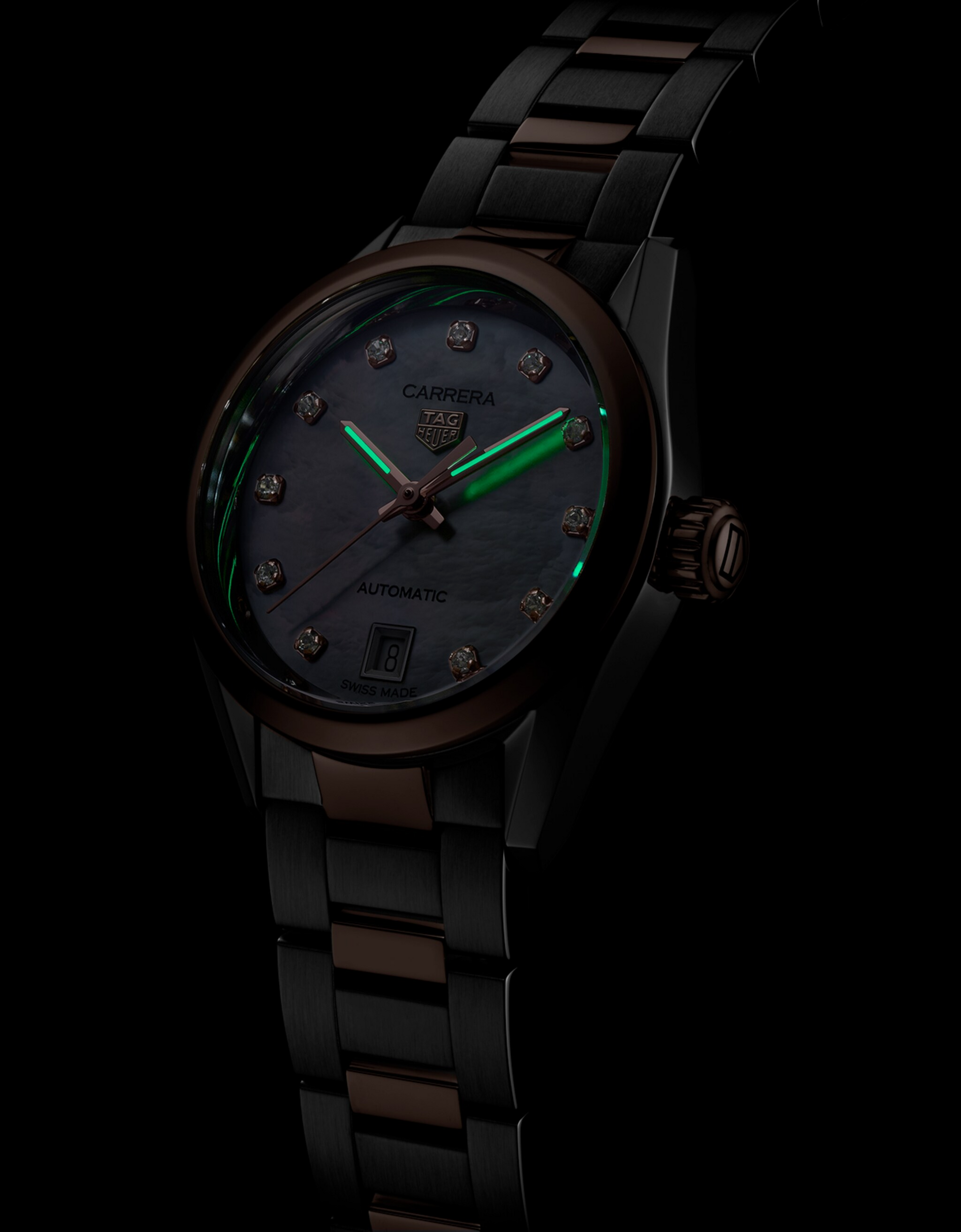 Unworn  Carrera Calibre 9 Date, Stainless Steel and 18K Rose Gold Set with Diamonds, 29Mm, Ref# WBN2450.BD0569, Box & Papers