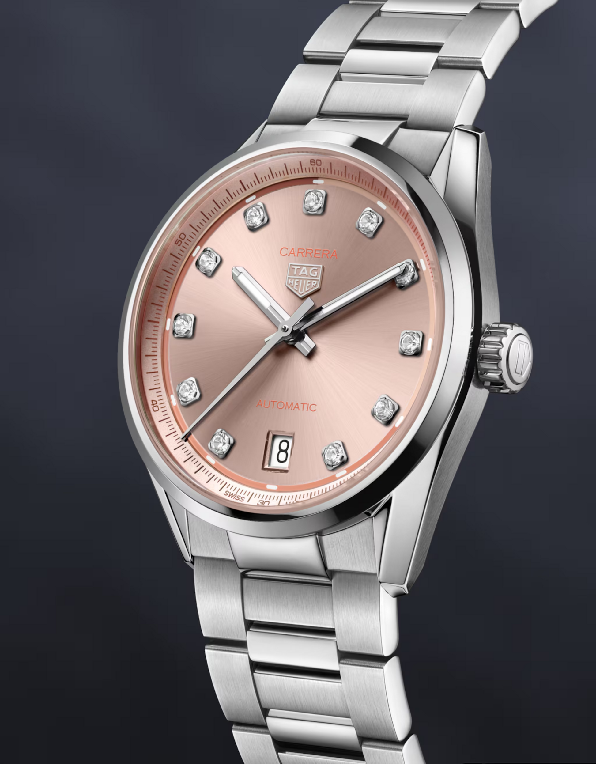 Unworn  Carrera Calibre 7 Date, Stainless Steel Set with Diamonds, 36Mm, Ref# WBN231D.BA0001, Box & Papers