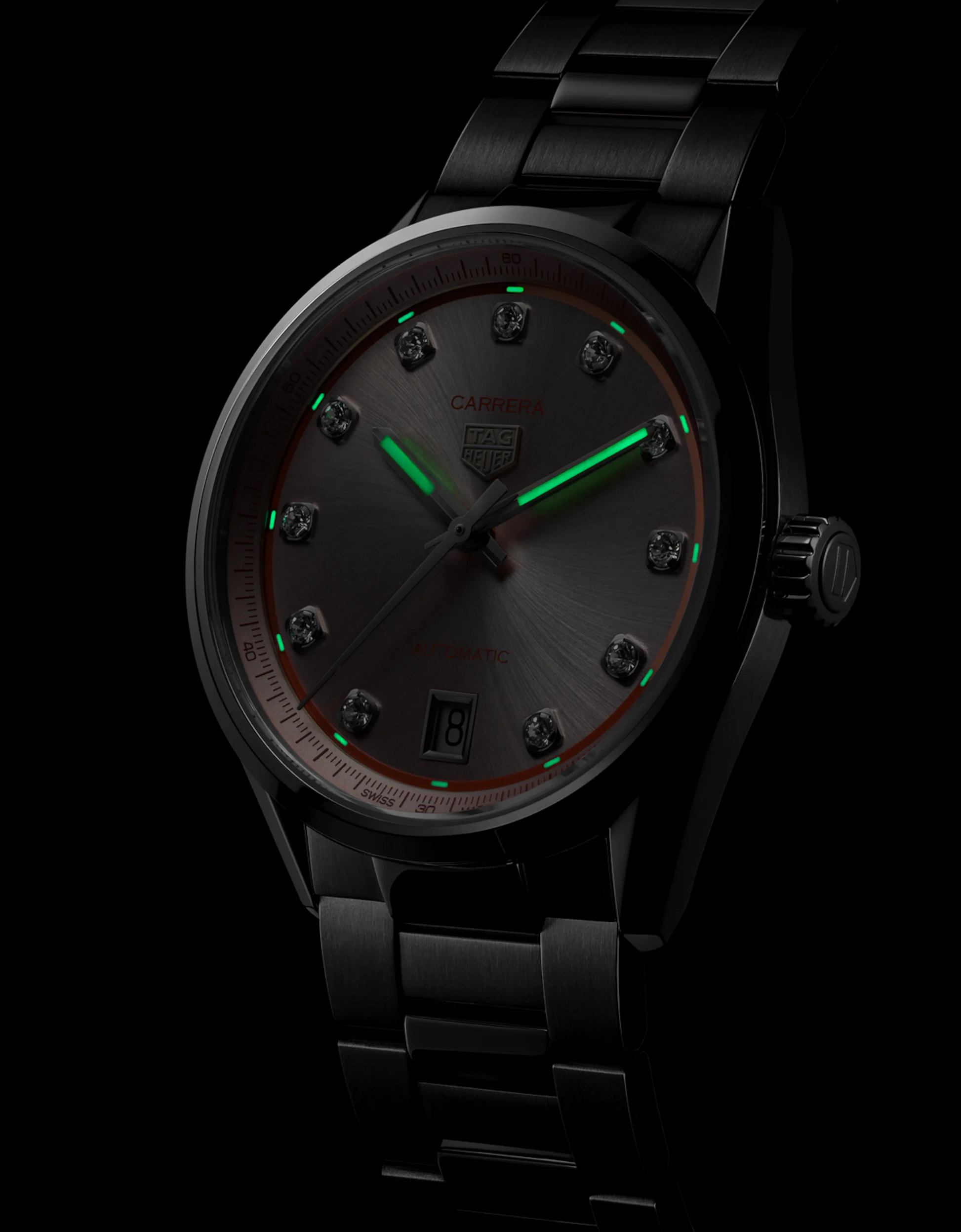 Unworn  Carrera Calibre 7 Date, Stainless Steel Set with Diamonds, 36Mm, Ref# WBN231D.BA0001, Box & Papers