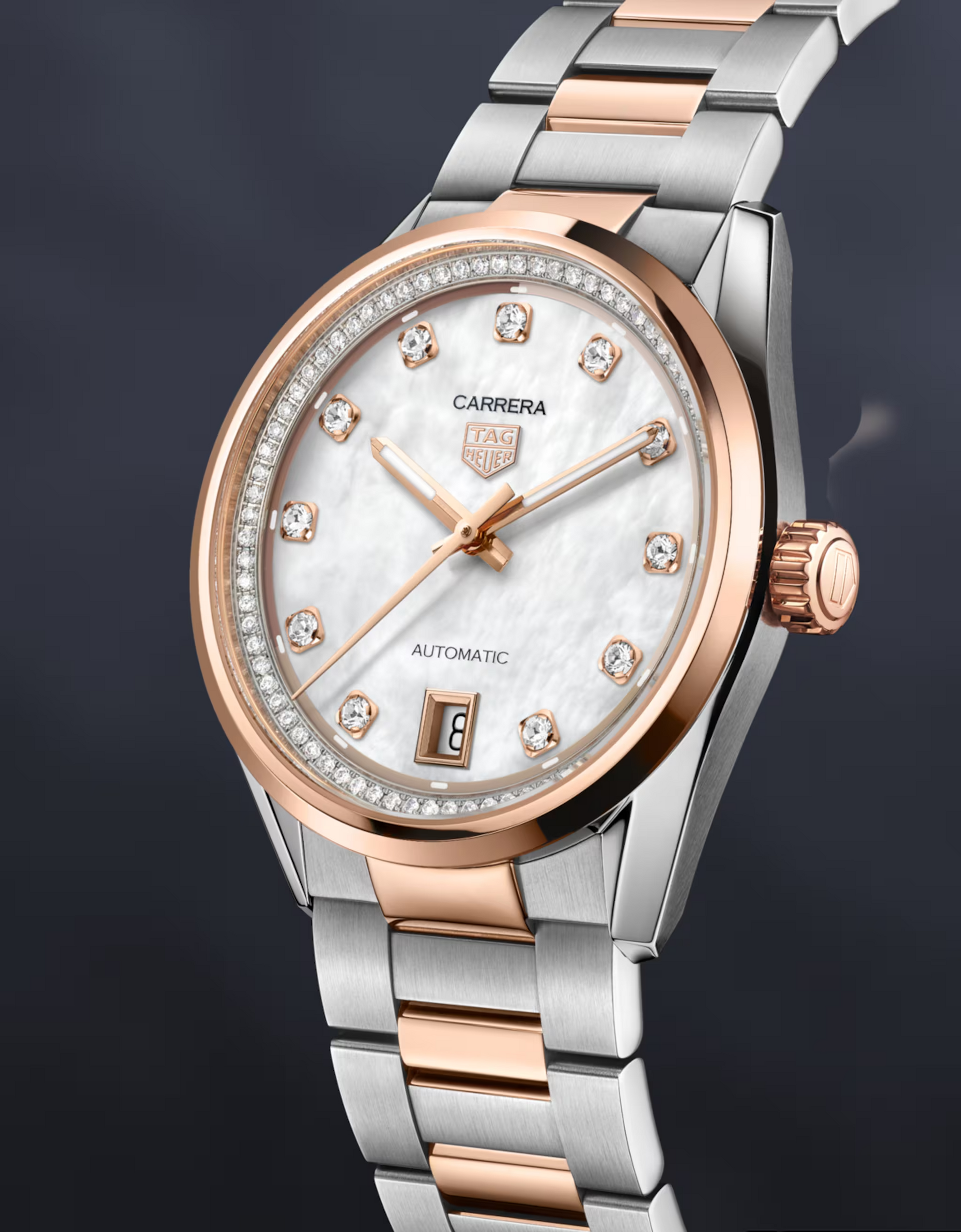 Unworn  Carrera Calibre 7 Date, Stainless Steel and 18K Rose Gold Set with Diamonds, 36Mm, Ref# WBN2351.BD0000, Box & Papers