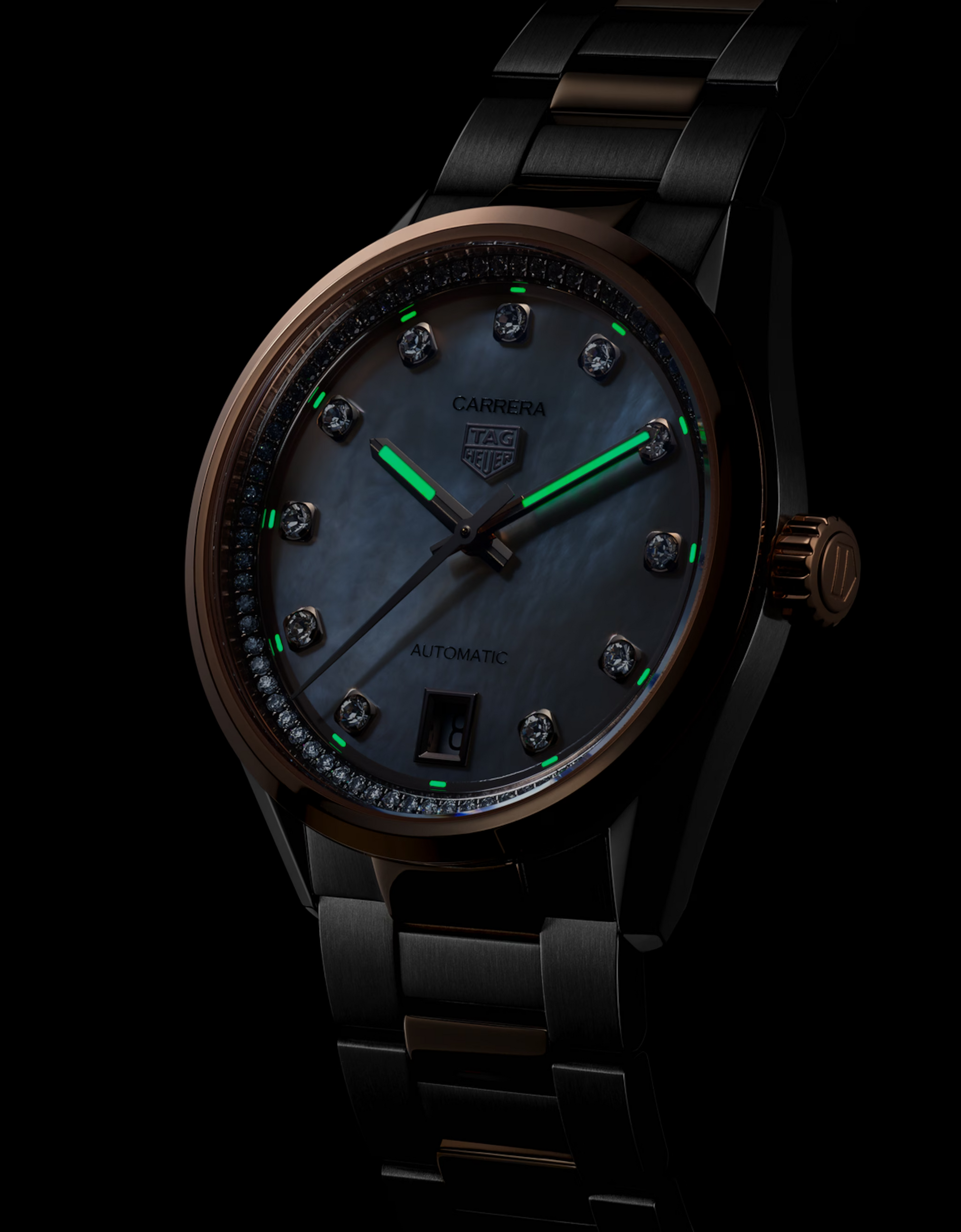 Unworn  Carrera Calibre 7 Date, Stainless Steel and 18K Rose Gold Set with Diamonds, 36Mm, Ref# WBN2351.BD0000, Box & Papers